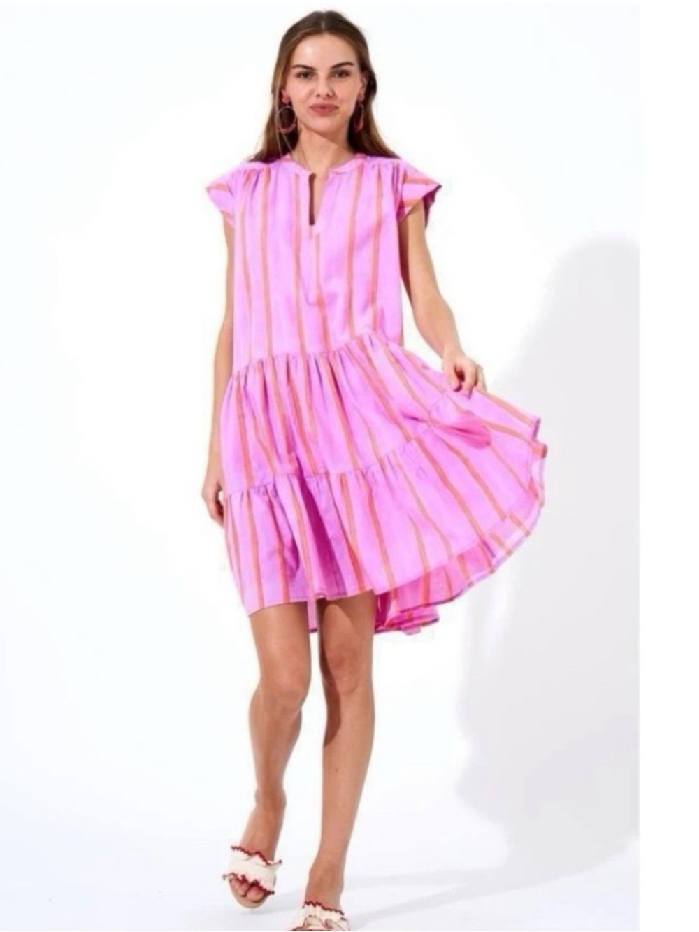 Oliphant Cotton Roll Sleeve Dress Pink Orange Stripe Size medium